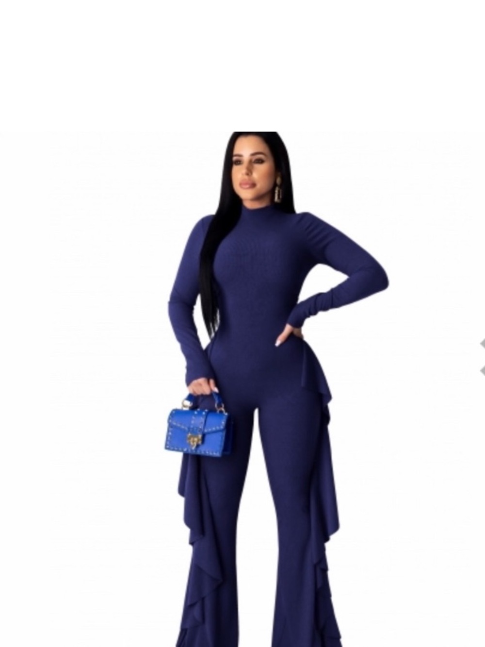 Dark Navy Blue Long-Sleeve Draped Jumpsuit